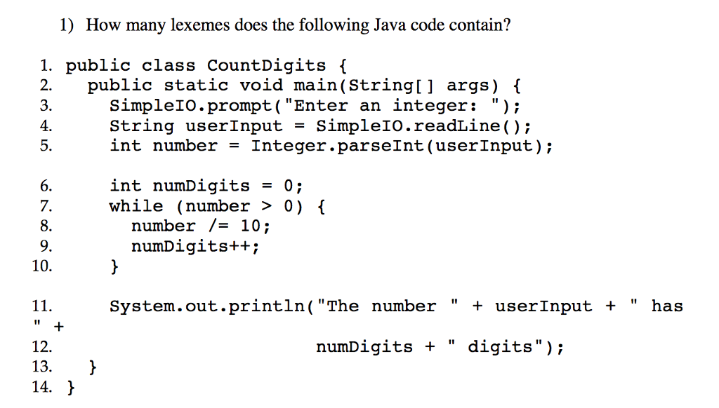 Solved How many lexemes does the following Java code | Chegg.com