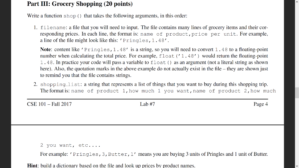 Solved Part III: Grocery Shopping (20 points) Write a | Chegg.com