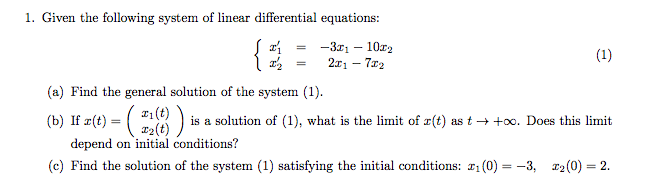 1. Given the following system of linear differential | Chegg.com