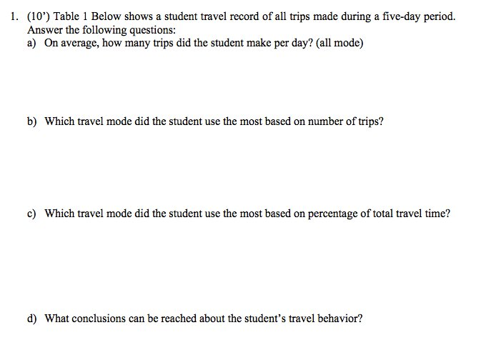 Solved 1. (10') Table 1 Below shows a student travel record | Chegg.com