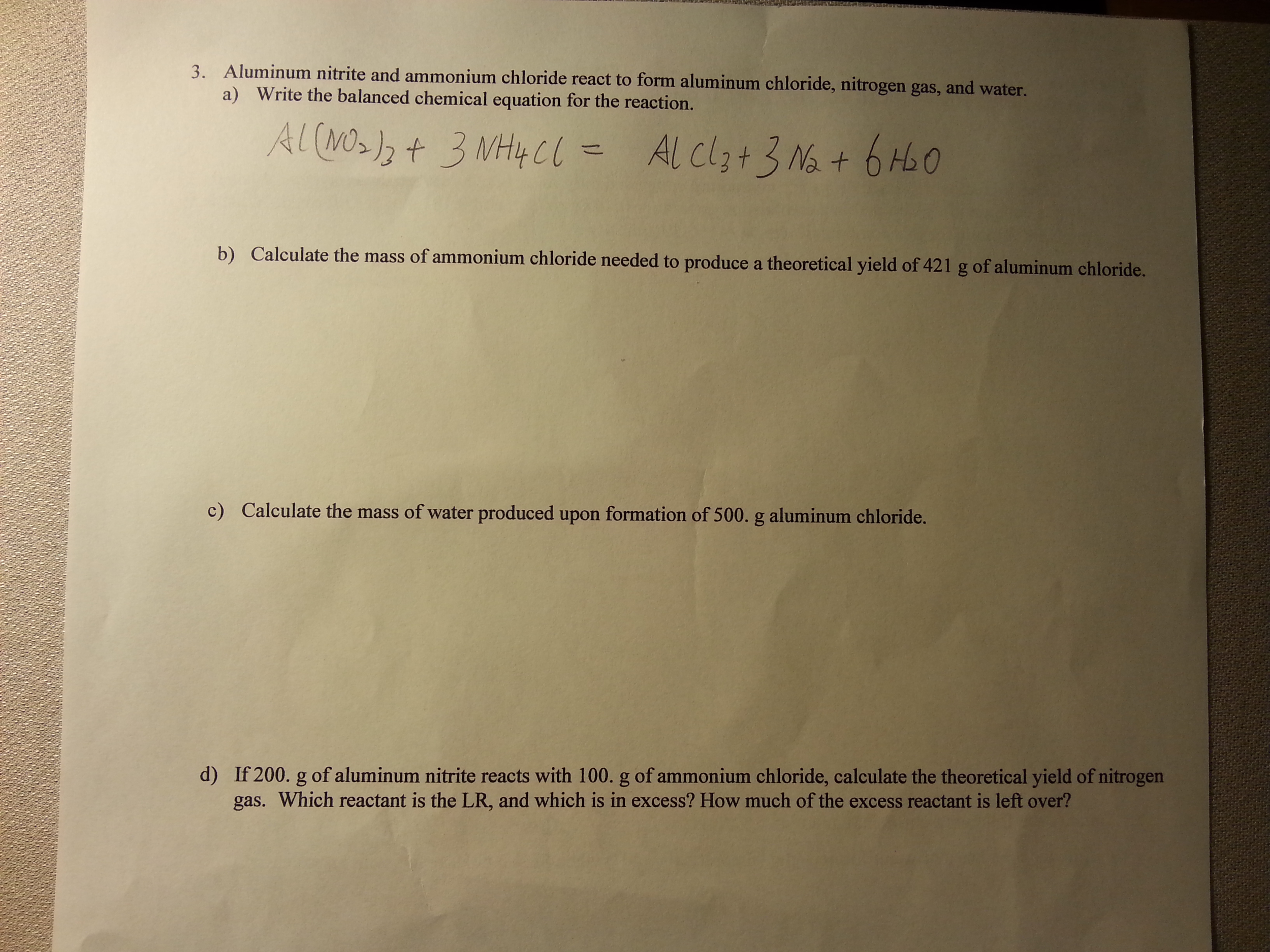 Solved Aluminum nitrite and ammonium chloride react to form
