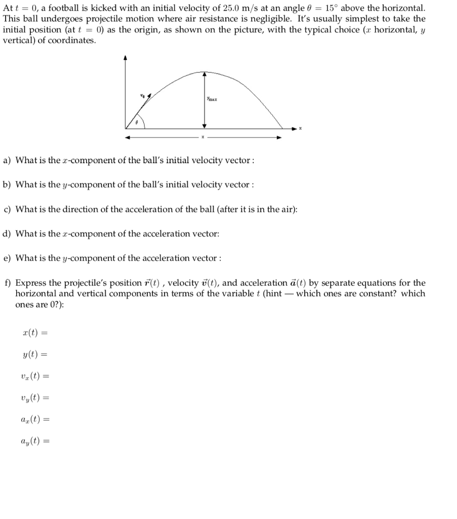 Solved At t = 0, a football is kicked with an initial | Chegg.com