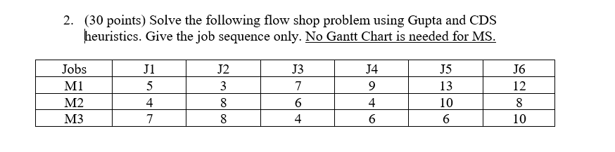Solved 2. (30 points) Solve the following flow shop problem | Chegg.com