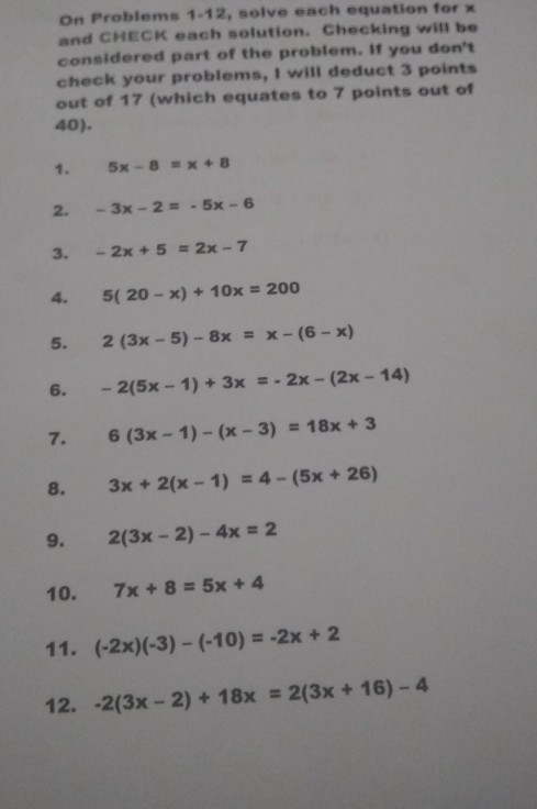 Solved On Problems 1-12, solve each equation for x and CHECK | Chegg.com