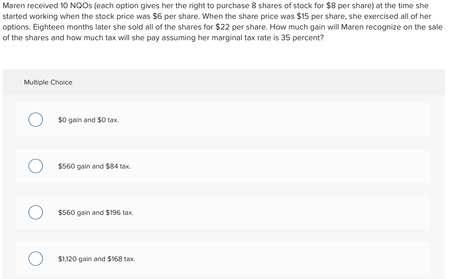 Solved Maren received 10 NQOs (each option gives her the