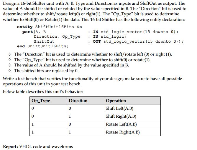 Design a 16-bit Shifter unit with A, B, Type and | Chegg.com