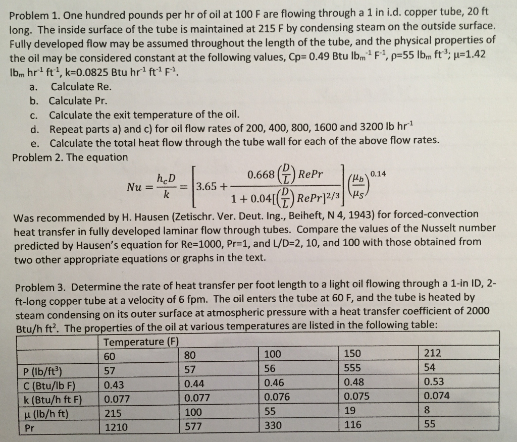 Solved Problem 1. One hundred pounds per hr of oil at 100 F | Chegg.com