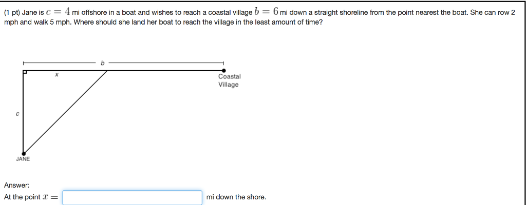 Solved Jane is c = 4 mi offshore in a boat and wishes to | Chegg.com