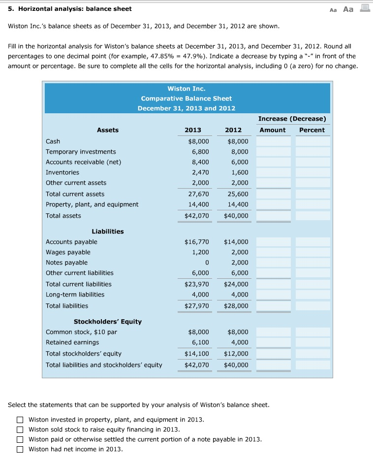 Solved Horizontal analysis balance sheet Wiston Inc.'s