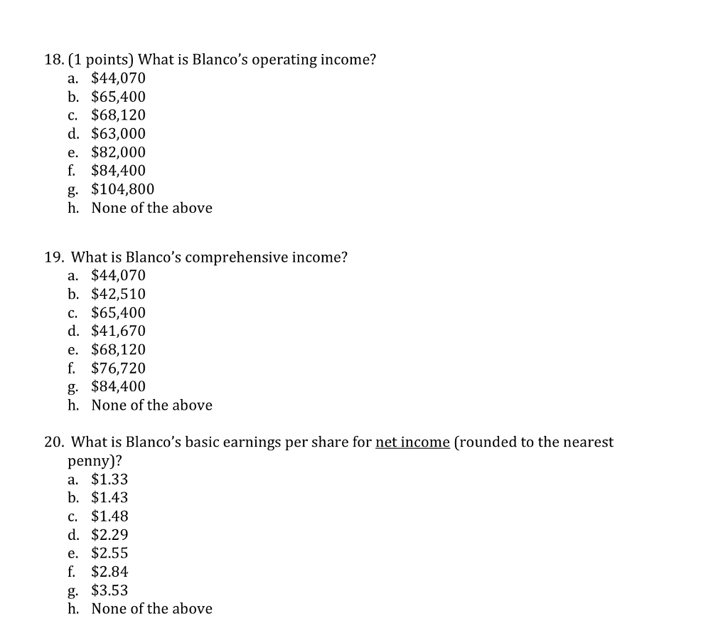 Solved 18. (1 points) What is Blanco's operating a.