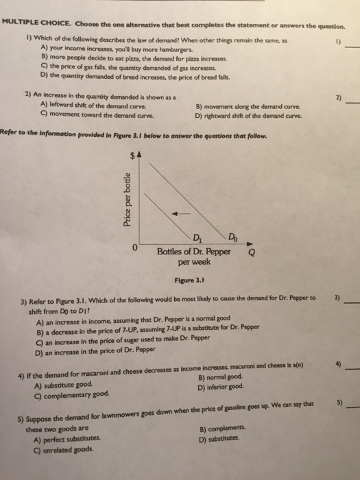 Solved Which Of The Following Describes The Law Of Demand Chegg