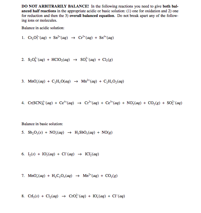 Solved DO NOT ARBITRARILY BALANCE! In the following | Chegg.com