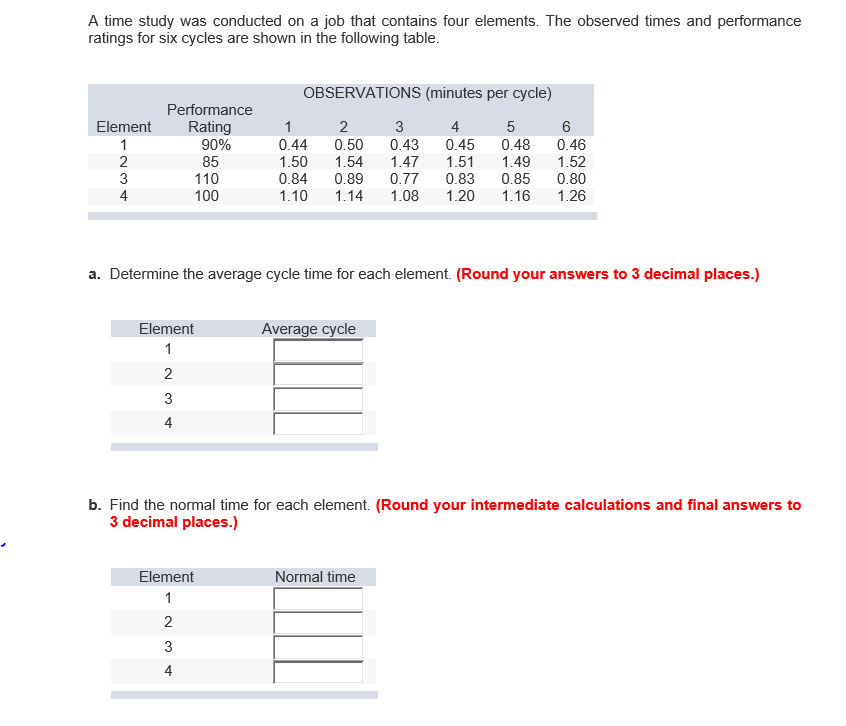 Solved Computing Average Cycle, Normal time, and allowance