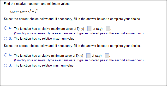 Solved Find the relative maximum and minimum values. f(x, | Chegg.com