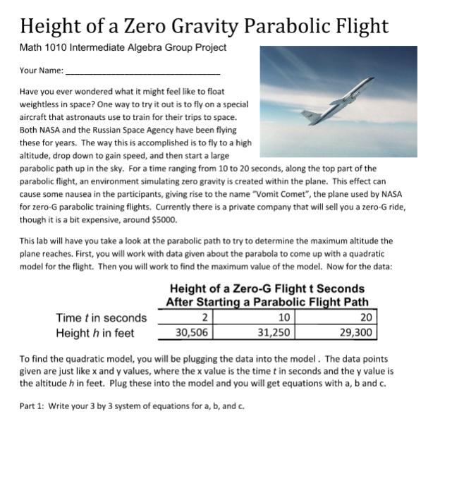 Solved Height of a Zero Gravity Parabolic Flight Math 1010