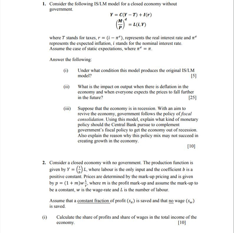 1. Consider the following IS/LM model for a closed | Chegg.com