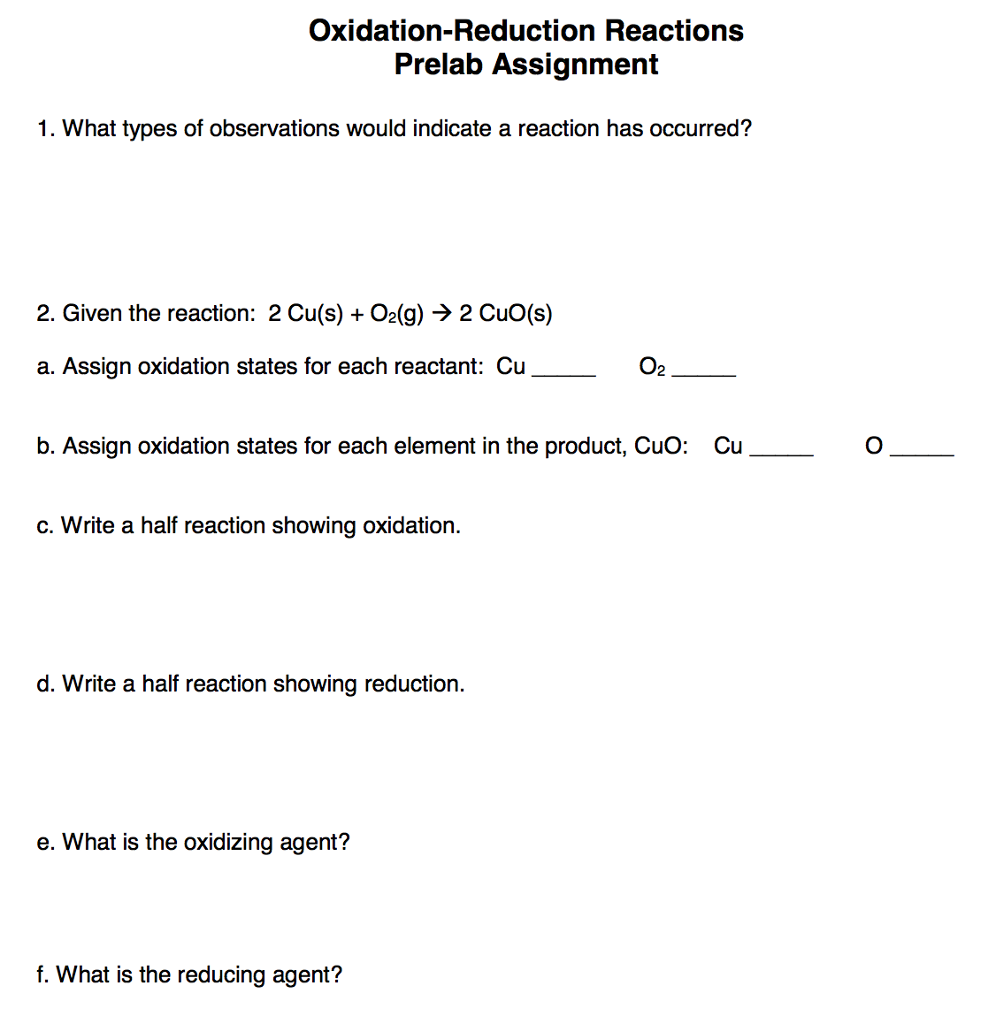 Solved OxidationReduction Reactions Prelab Assignment 1.