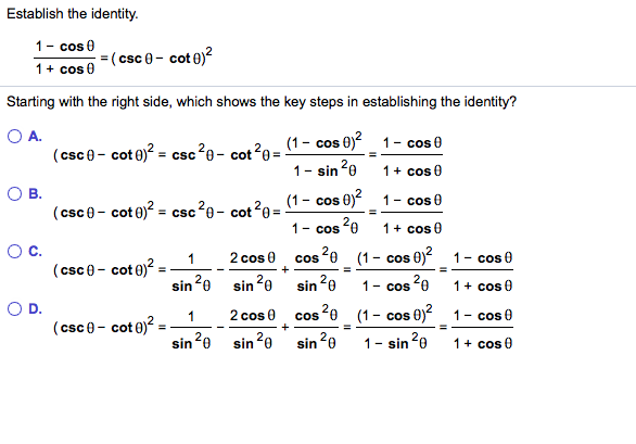 Solved Establish the identity 1-cos θ 1 cos 0 Starting with | Chegg.com