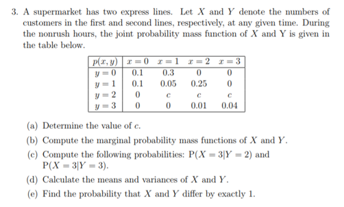Solved 3. A supermarket has two express lines. Let X and Y | Chegg.com