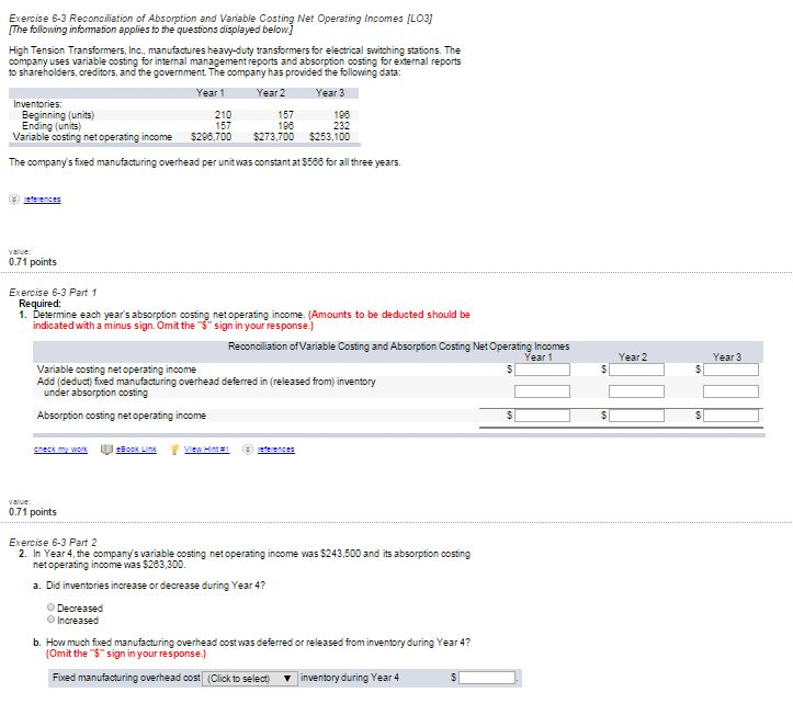Solved Exercise 6-3 Reconciliation Of Absorption And Vanable | Chegg.com