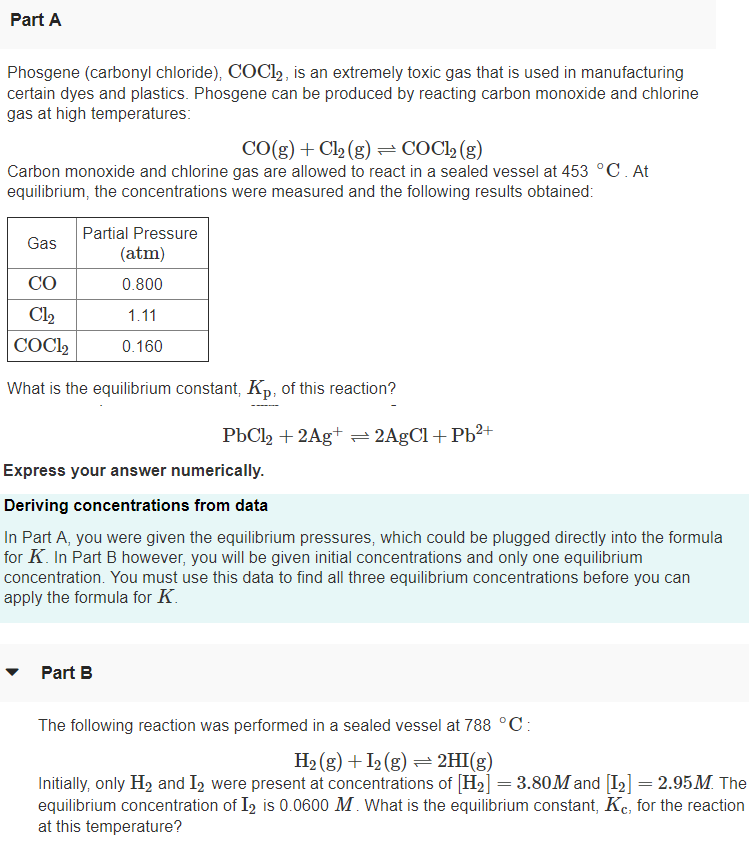 Solved Part A Phosgene (carbonyl chloride), COCl2, is an