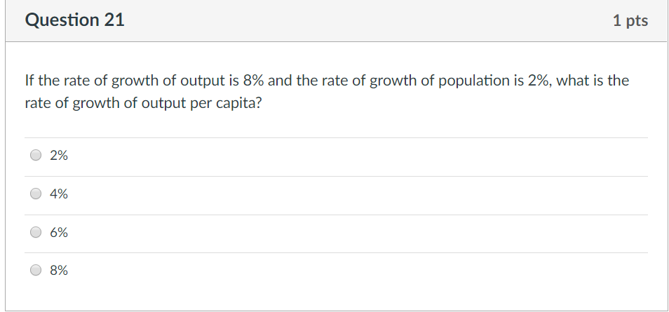Solved Question 21 1 pts If the rate of growth of output is | Chegg.com