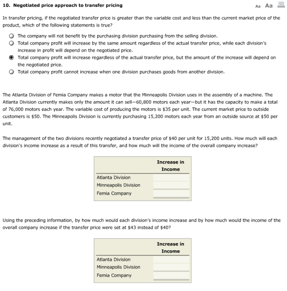 Solved 10. Negotiated price approach to transfer pricing In