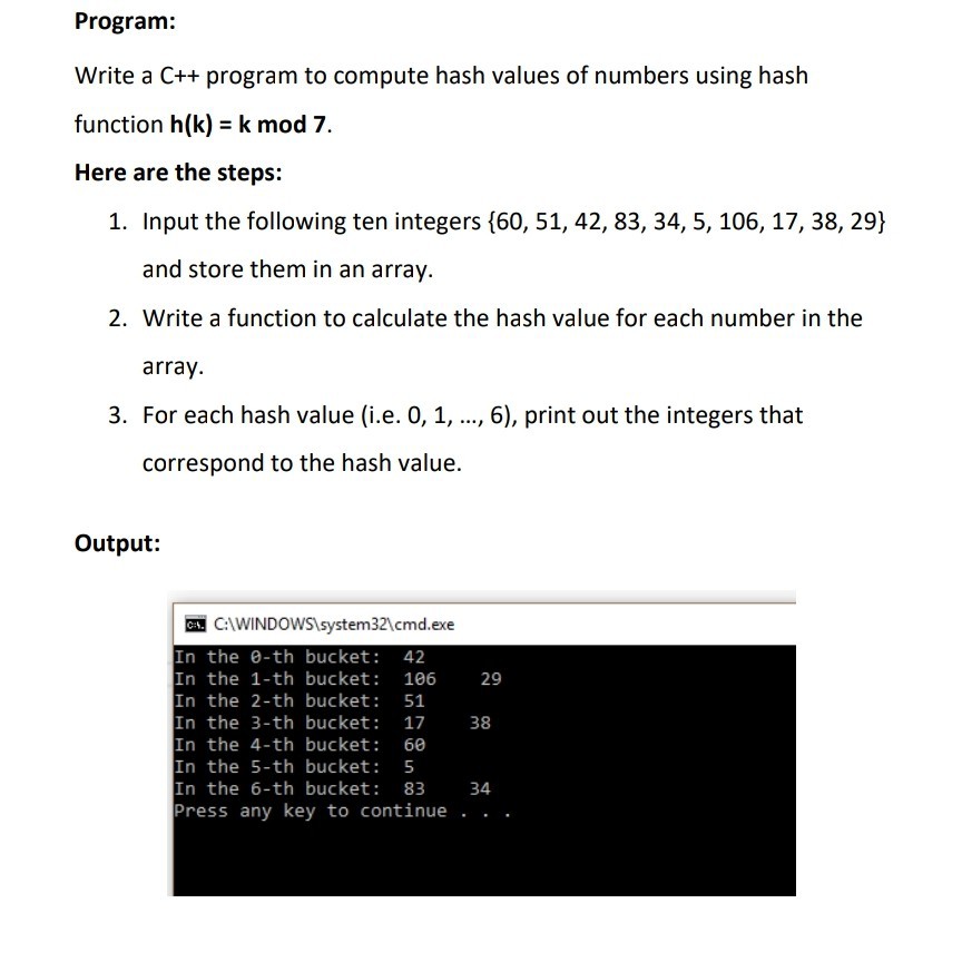 Solved Program: Write a C++ program to compute hash values | Chegg.com