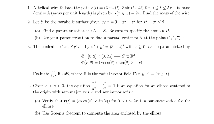 Solved 1. A helical wire follows the path c(t)-(3 cos (t), 3 | Chegg.com