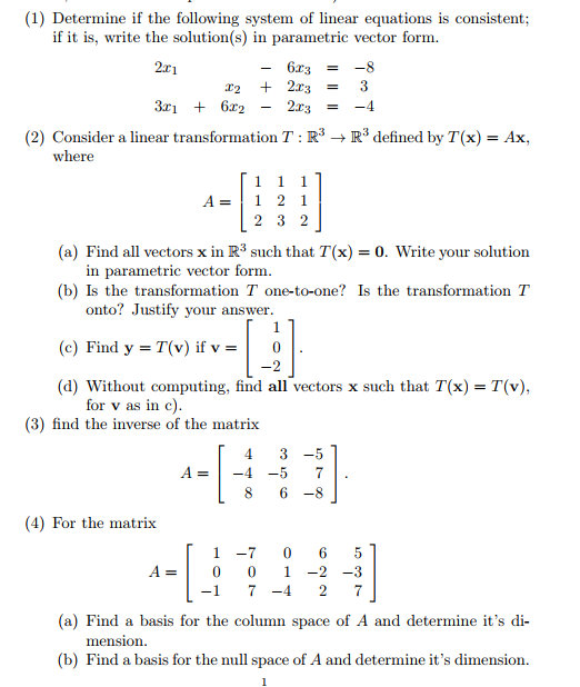 Solved (1) Determine if the following system of linear | Chegg.com