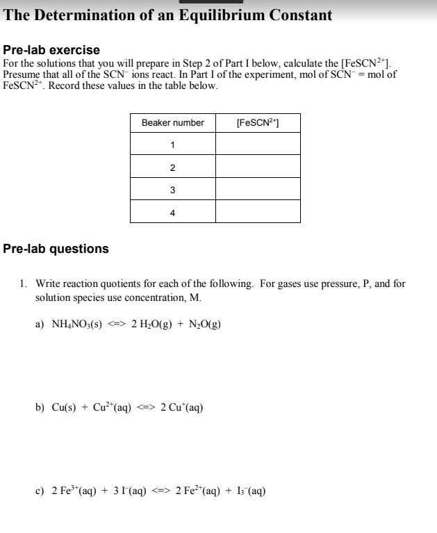 Solved The Determination Of An Equilibrium Constant Pre-lab | Chegg.com