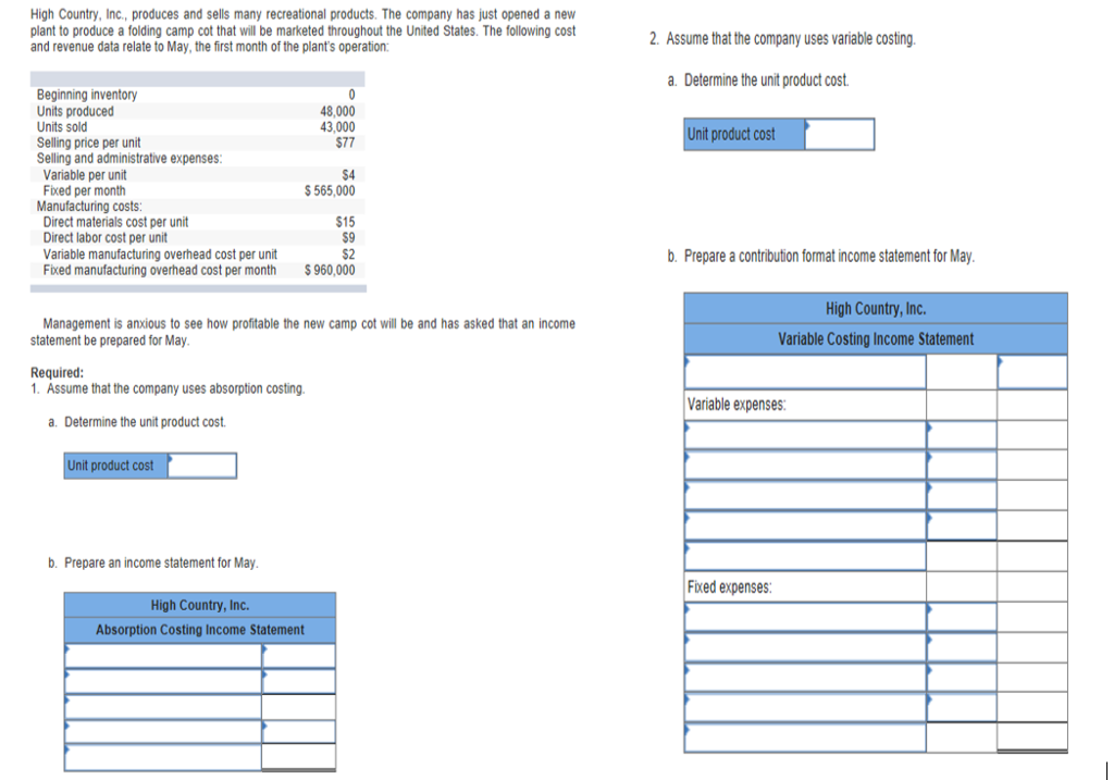 Solved High Country, Inc., produces and sells many | Chegg.com