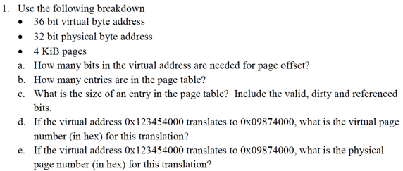 Solved Use the following breakdown 36 bit virtual byte | Chegg.com