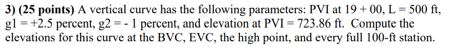 Solved 3) (25 points) A vertical curve has the following | Chegg.com
