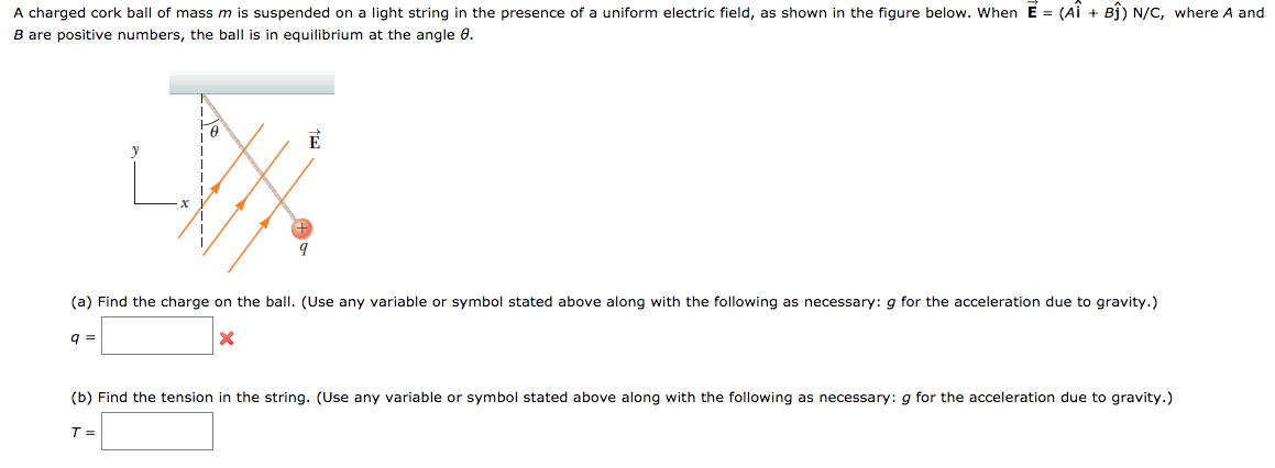 Solved A charged cork ball of mass m is suspended on a light | Chegg.com