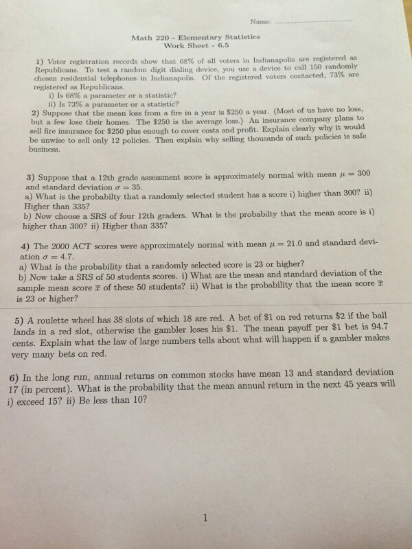 Solved Name. Math 220 Elementary Statistics Work Sheet 6.5 | Chegg.com