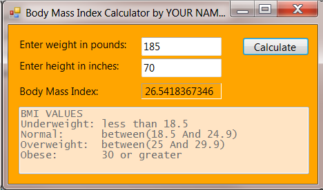 body mass index calculator visual basic