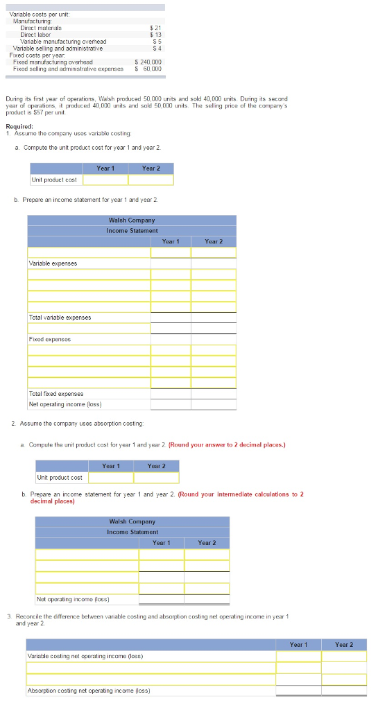 Solved ?Walsh Company manufactures and sells one product. | Chegg.com