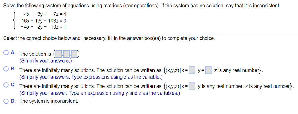 solve system of equations using matrices row operations