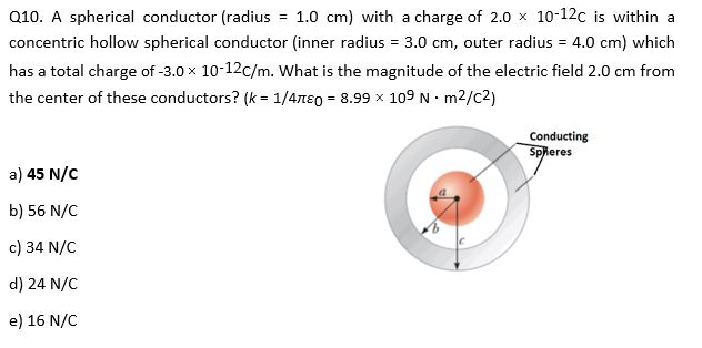 Solved 010. A spherical conductor (radius 1.0 cm) with a | Chegg.com