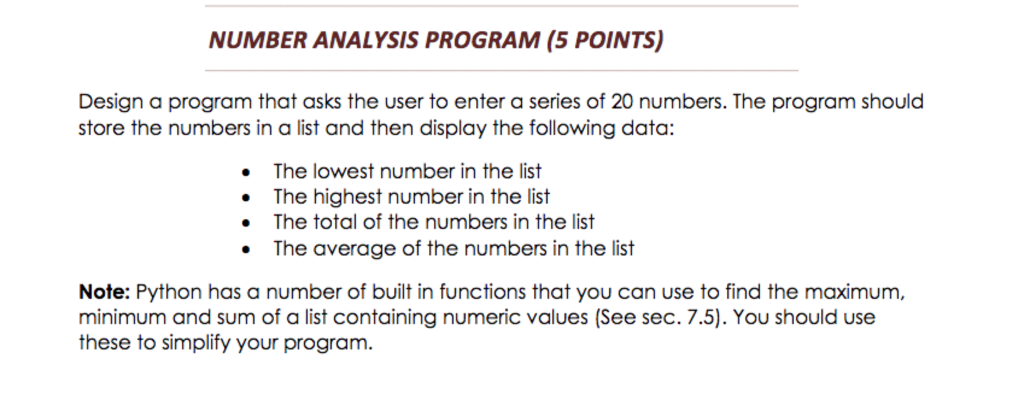 Solved NUMBER ANALYSIS PROGRAM (5 POINTS) Design a program | Chegg.com