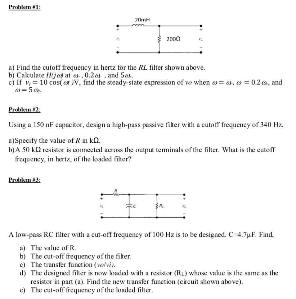 Solved Problem 1 20mH 200 A Find The Cutoff Frequency Chegg
