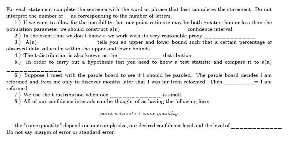 For each statement complete the sentence with the | Chegg.com