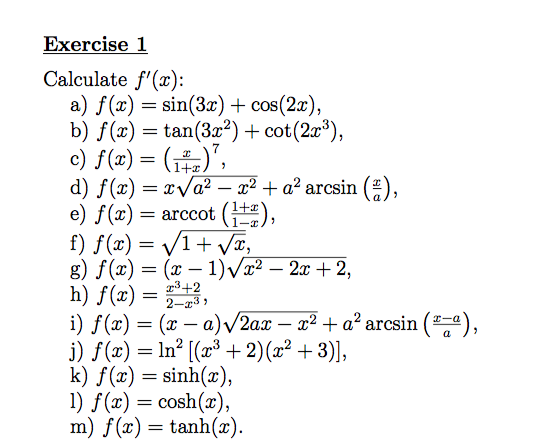 Solved Exercise 1 Calculate f'(x) a) f(x) sin(3x) + cos(2r), | Chegg.com