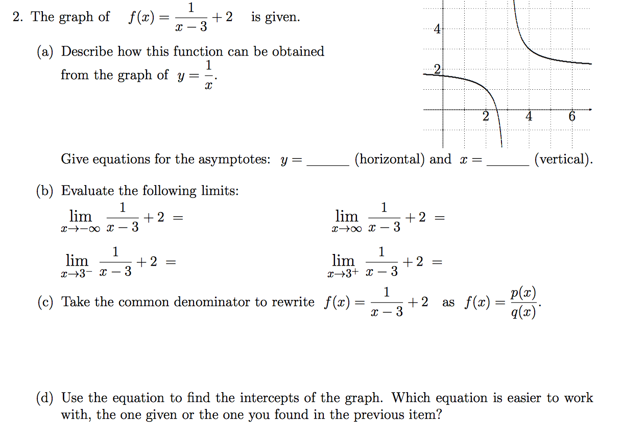 Solved The graph of f(x) = 1/x - 3 + 2 is given. Describe | Chegg.com