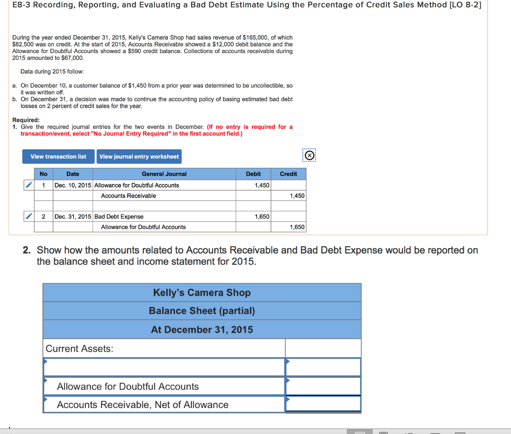 Solved E8-3 Recording, Reporting, and Evaluating a Bad Debt | Chegg.com