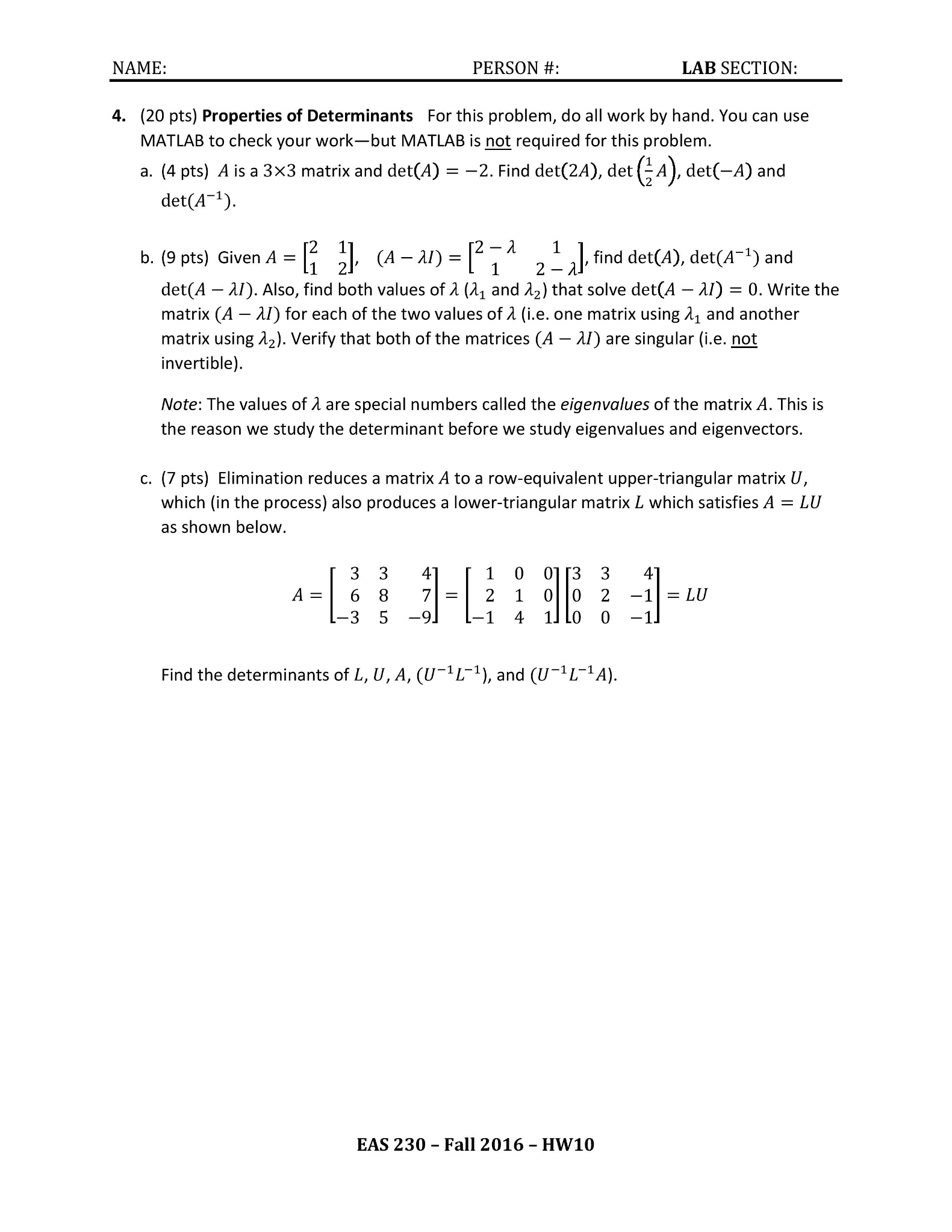 Properties Of Determinants For This Problem, Do All | Chegg.com