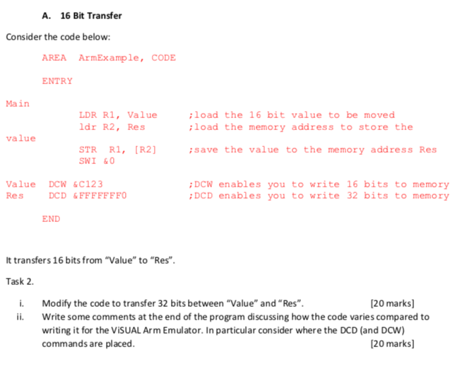 A. 16 Bit Transfer Consider the code below: AREA | Chegg.com