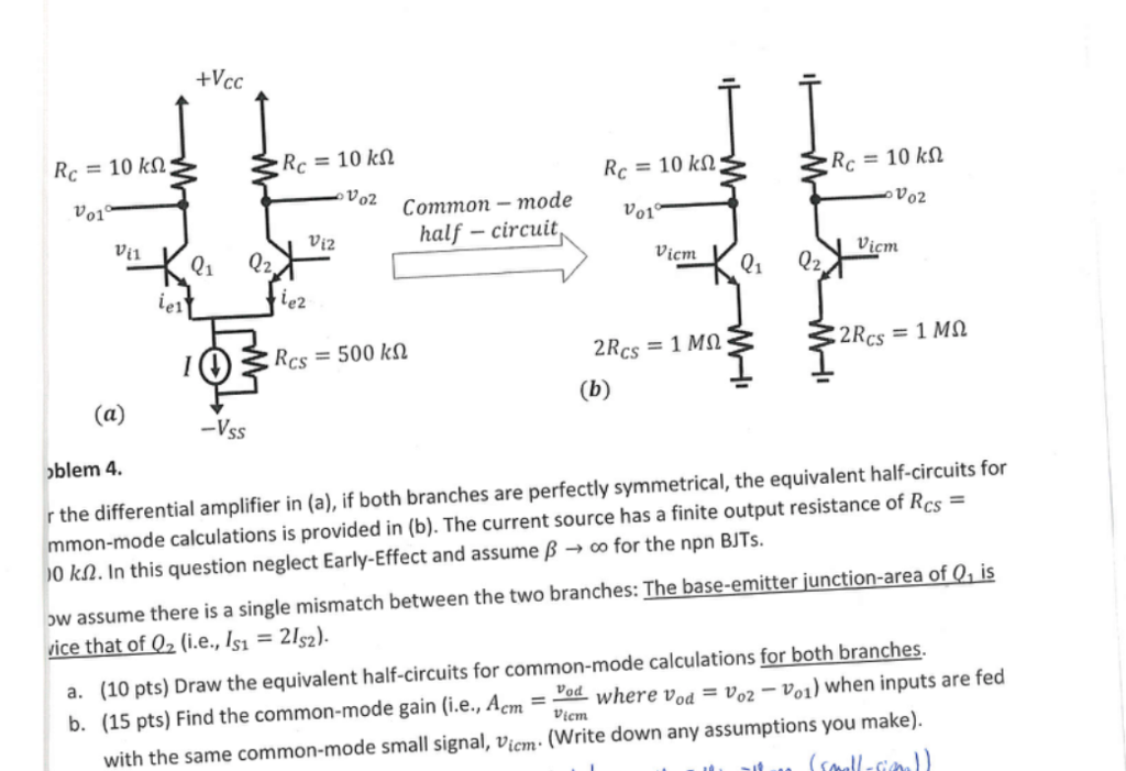 Solved +Vcc Rc = 10kΩ Rc = 10kΩ Re = 10 kΩ Common mode half