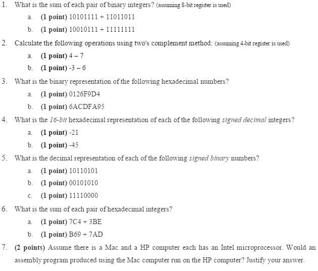 Solved What is the sum of each pair of binary integers? | Chegg.com